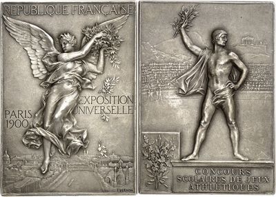 two silver medals depicting a woman holding a flower and a man holding a bird