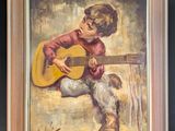 an oil painting of a young boy playing a guitar