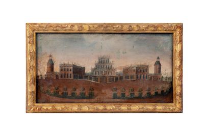 an old painting of a large building with a clock tower on top