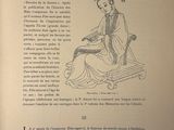 an old book with a drawing of a woman sitting on a bench