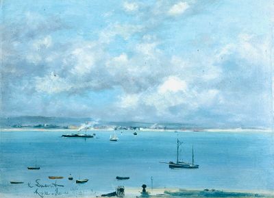 a painting of boats on the water near a beach