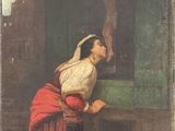 an image of a painting of a woman in a red and white dress