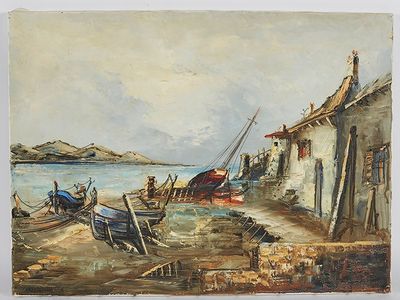 un tableau représentant des bateaux sur le rivage, au bord de l'eau