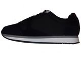 men ' s black sneakers with white soles on a white background