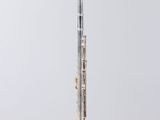 a silver flute on a white pedestal with a white background