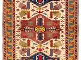 a multicolored rug with geometric design on a white background