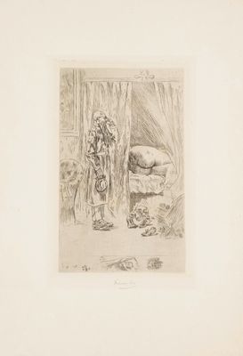 an image of a drawing of a man standing in a room with a cow