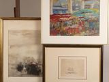three framed pictures on a shelf next to a vase