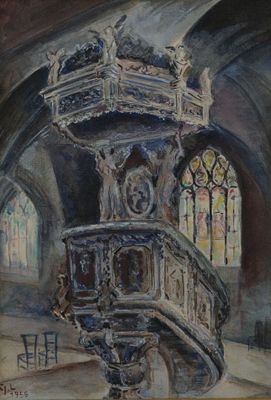 peinture représentant une peinture d'une chaire d'église avec un vitrail