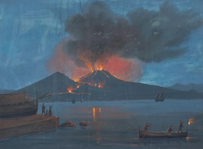 an image of a painting of a volcano in the distance with a boat in the foreground