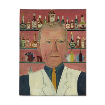 painting of a man in a white coat and yellow tie in front of a shelf of liquor bottles