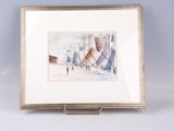 framed watercolor painting of boats in a harbor on a sunny day