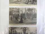 three pictures of people riding horses in the woods