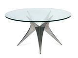 une table en verre avec une base en métal et un plateau en verre