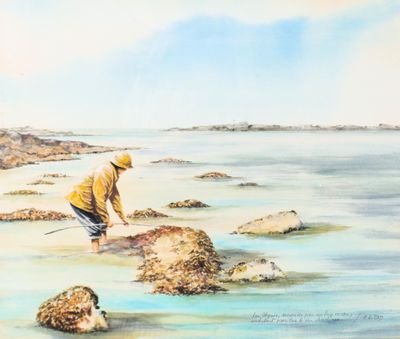 tableau représentant un homme debout sur un rocher dans l'eau