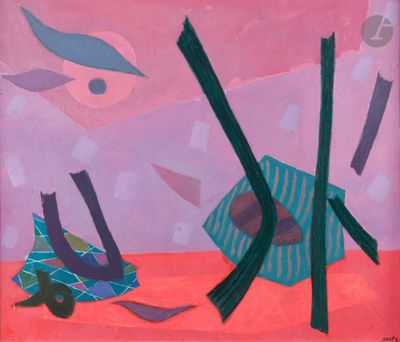 peinture abstraite représentant un ciel rose parsemé de formes bleues et violettes