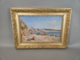 an image of a painting of a beach scene in a gold frame