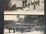 several old black and white photos of people and horses in a street
