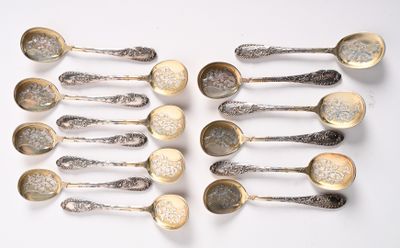 six cuillères en argent sont disposées en ligne sur une surface blanche
