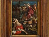 a painting of a painting of a biblical scene in a wooden frame