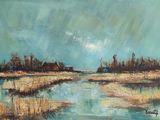 an oil painting of a river with a house in the distance