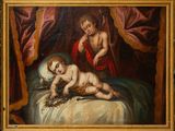 an oil painting of two children on a bed in a room