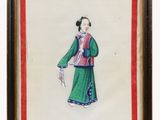 a painting of a woman in a green dress holding a fan