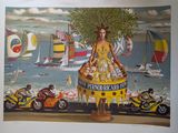 a painting of a woman on a motorcycle with a lot of people on it