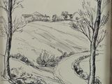 drawing of a landscape with trees and a road in the foreground