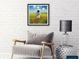 a painting of a cow in a field of flowers with a sky background