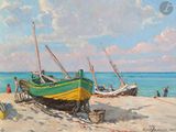 une peinture d'un bateau sur la plage au bord de l'eau