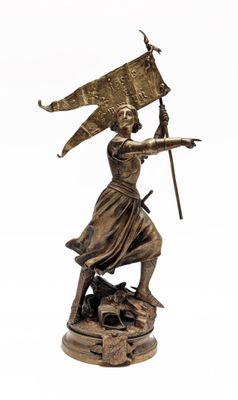bronze statue of a woman holding a flag and a sword