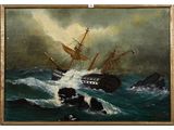an oil painting of a ship in rough water with rocks in the foreground