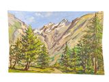 peinture représentant un paysage de montagne avec des pins et des montagnes en arrière-plan