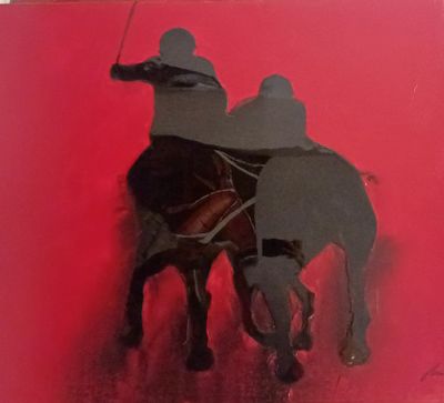 tableau représentant un homme à cheval, avec deux autres hommes sur la monture