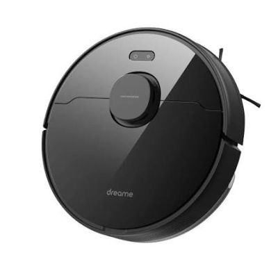 un aspirateur robot noir sur fond blanc