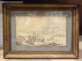 tableau représentant un groupe de personnes sur une plage, avec un bateau en arrière-plan