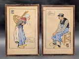 pair of antique japanese wood framed paintings of a man and a woman