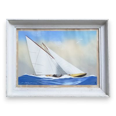 painting of a sailboat in a white frame on a white background