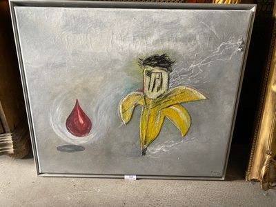 une photo d'un tableau représentant une banane et une goutte de sang