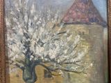 a picture of a painting of a tree in front of a building