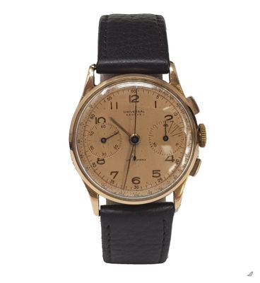 an image of a gold wrist watch with black leather strap
