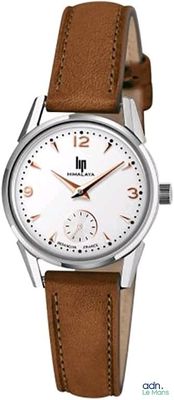 a close up of a watch on a white background with a brown strap