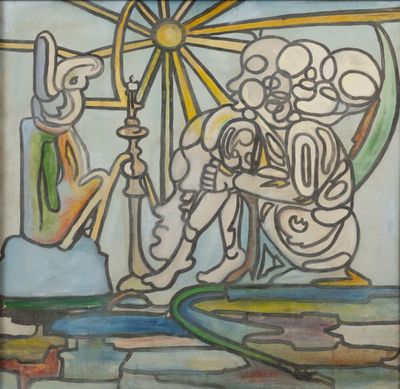 un tableau représentant un groupe de personnes debout autour d'une roue