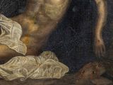 a painting of a man laying on the ground with a knife
