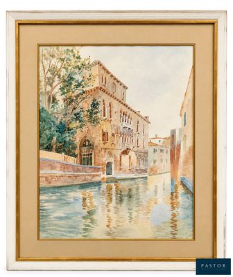 une aquarelle représentant un canal avec des bâtiments en arrière-plan