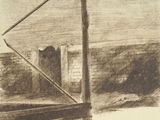 a drawing of a view of a city through a window