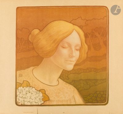 tableau représentant une femme avec une fleur dans les cheveux et un papillon au-dessus de la tête