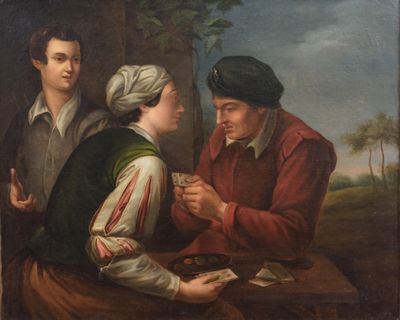 tableau représentant deux hommes et une femme assis à une table en train de jouer aux cartes