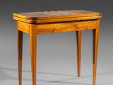 a wooden table with a drawer on top of it on a gray surface